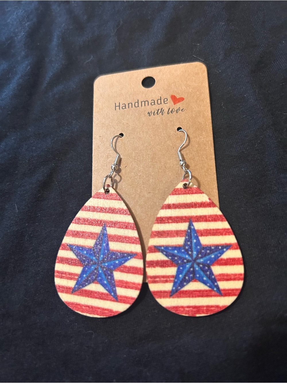 Handmade Kids Teardrop Earrings with Blue Star and Red Stripes